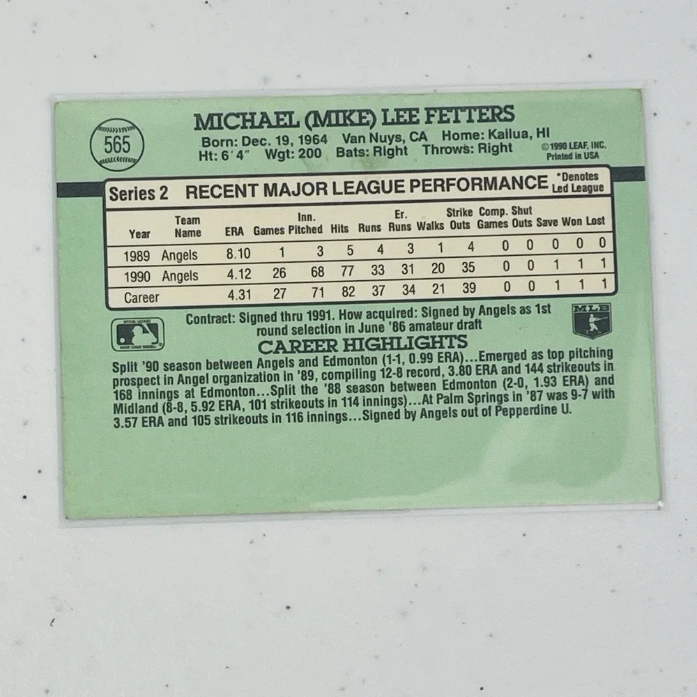1991 Donruss Baseball Card Mike Fetters Los Angeles Angels 565 Trading Card